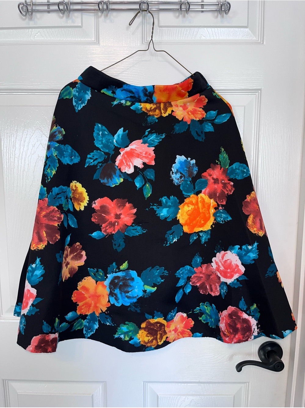 Floral A-Line Scuba Skirt - Black with Multicolor Blooms